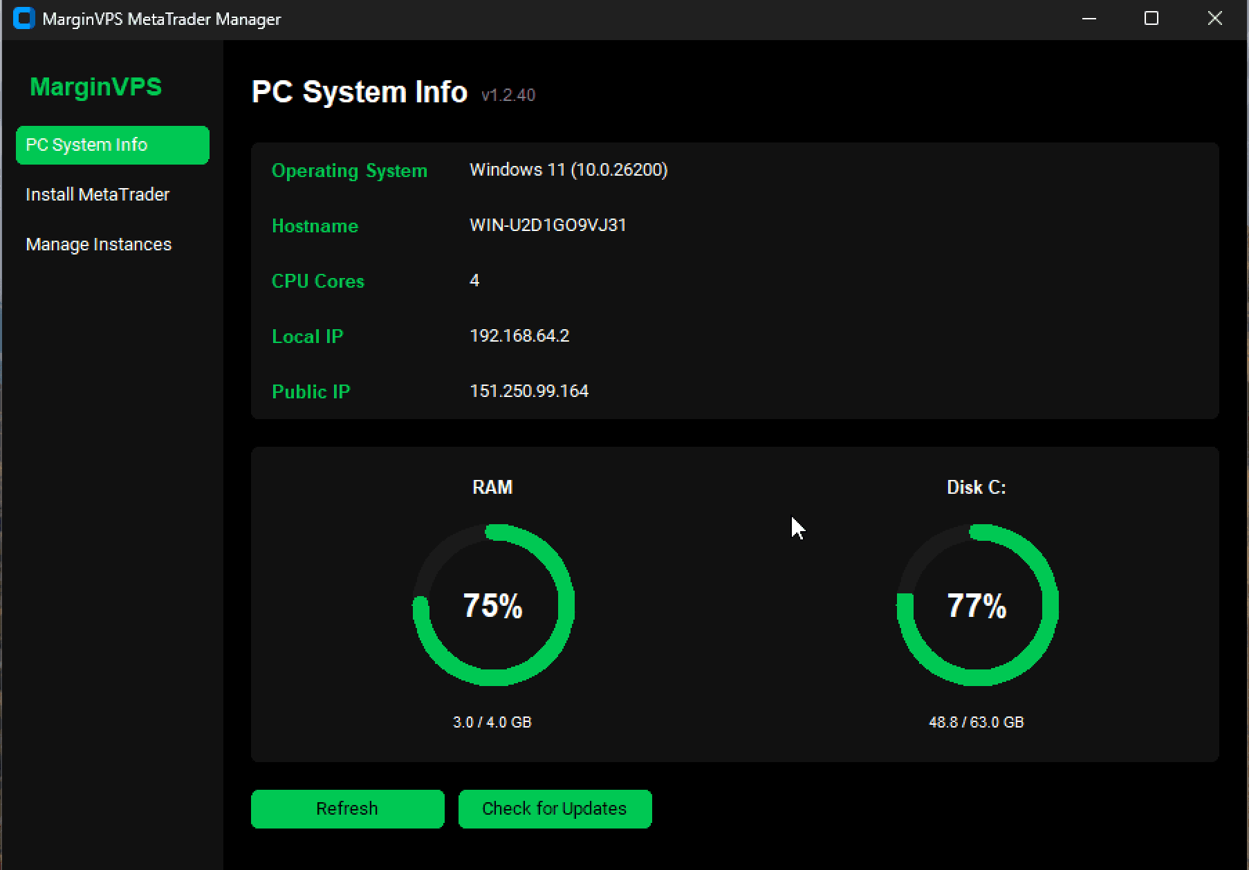 PC System Info screen showing OS, CPU, RAM, and disk usage in MarginVPS MetaTrader Manager