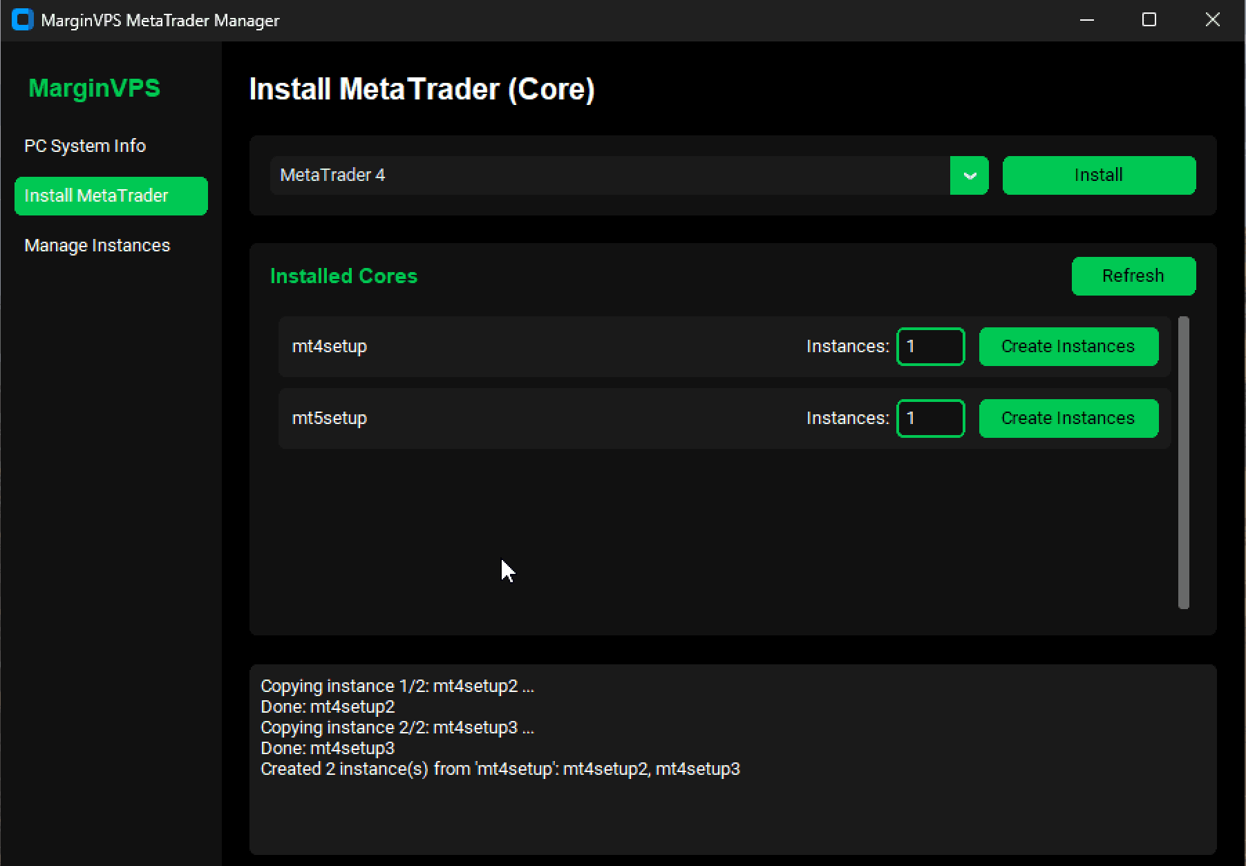 Install MetaTrader screen showing broker selection and instance creation in MarginVPS MetaTrader Manager