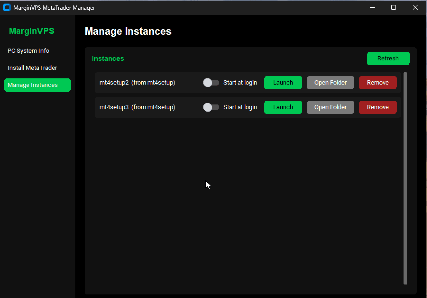 Manage Instances screen showing launch, start-at-login, and remove controls in MarginVPS MetaTrader Manager